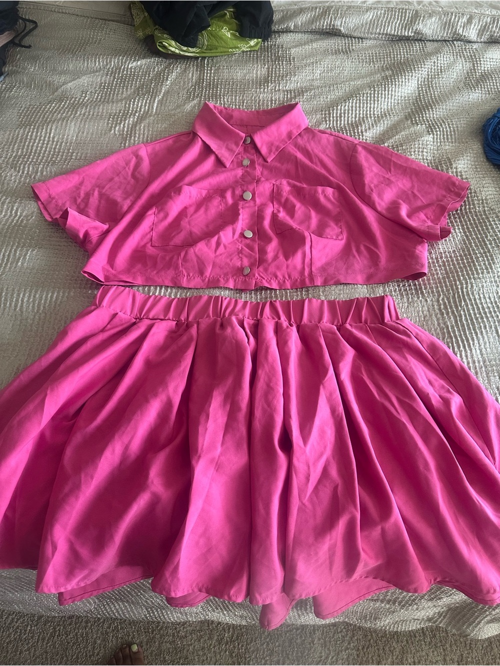 SHEIN Bright Pink Two-Piece Crop Top and Full Skirt Set